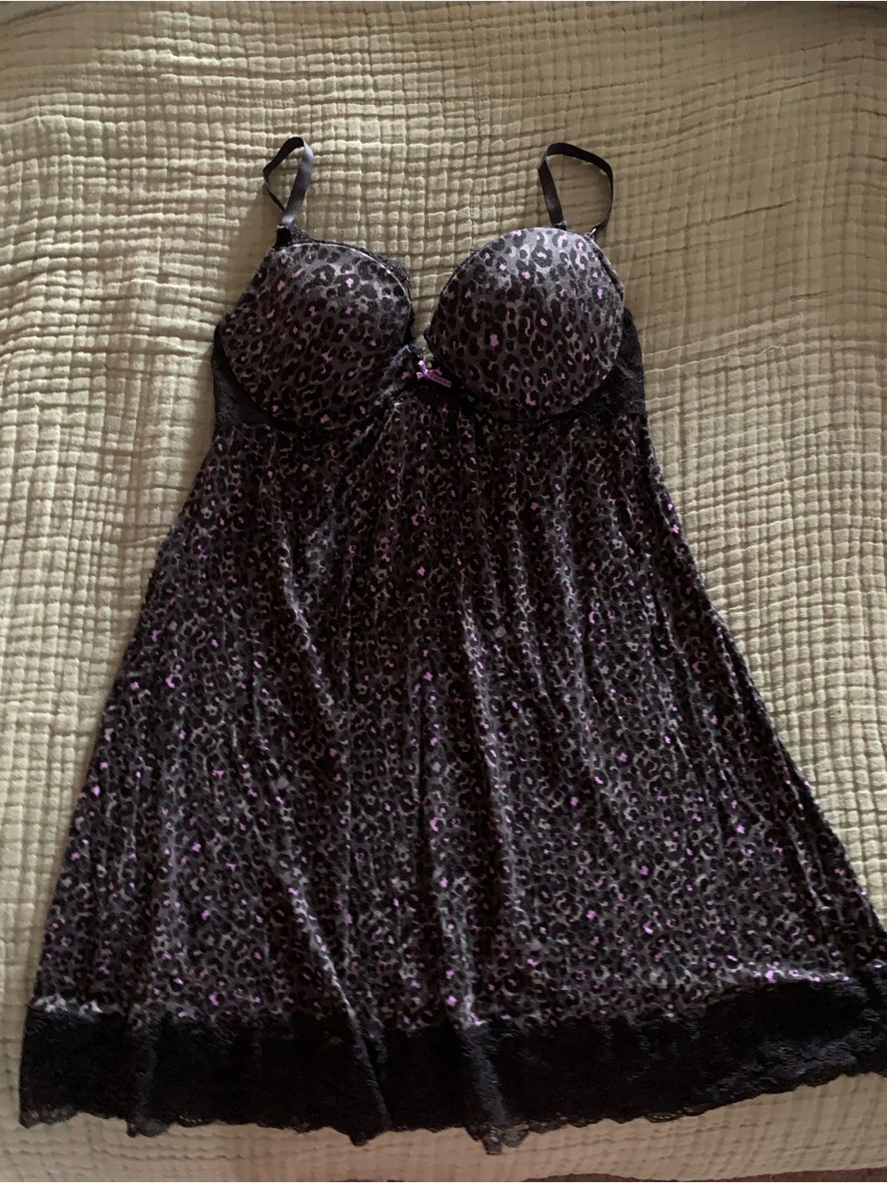 Vera Wang Black & Purple Leopard Lace Trim Babydoll Sleepware